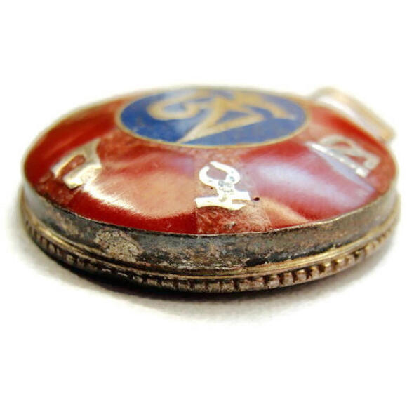 Oriental Red Blue Enamel Circle Pendant Charm Sterling Silver 925 Vintage - Picture 7 of 8